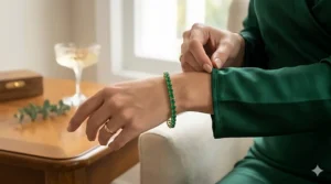 A woman wearing a genuine emerald tennis bracelet styled with a silk dress for a formal evening event.