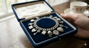 A polished vintage sterling silver charm bracelet presented in a classic navy blue velvet jewelry gift box.
