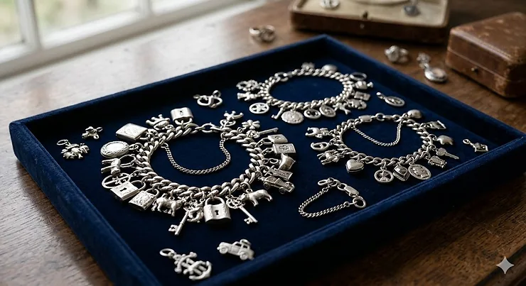 A curated collection of vintage sterling silver charm bracelets with various antique charms displayed on a velvet jewelry tray. vintage charm bracelets sterling silver