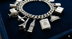 A vintage sterling silver travel charm bracelet with miniature charms of the Eiffel Tower, Big Ben, and a passport.