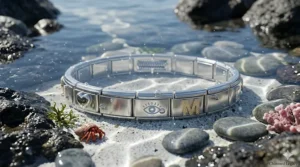 Stainless steel Italian charm bracelet shown near water to highlight its rust-resistant properties.