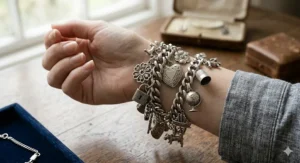 A woman’s wrist styled with multiple vintage charm bracelets in sterling silver for a layered aesthetic.