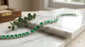 Elegant women's emerald tennis bracelet crafted in 18k white gold with a secure box clasp.