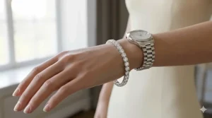 A woman wearing an elegant diamond tennis bracelet paired with a luxury watch for a stacked jewelry look.