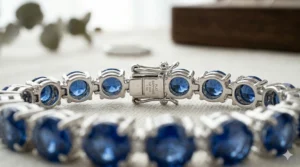 A classic blue sapphire tennis bracelet set in 18k yellow gold for a vintage look.