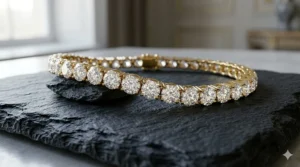 A 18k yellow gold diamond tennis bracelet for women providing a warm, vintage-inspired aesthetic.