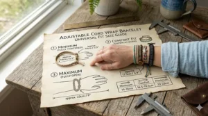 Size chart showing the minimum and maximum diameter of a cord wrap bracelet with an adjustable closure.