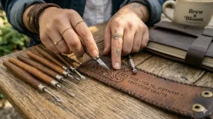 An artisan using a fine swivel knife to precision-carve floral patterns onto a flat wide leather cuff bracelet on a wooden table.