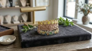 A stack of three fancy colored diamond bracelets showcasing a variety of stone shapes and hues.