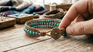 Detail shot of a secure button-and-loop closure on a bohemian-style beaded leather wrap bracelet.