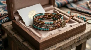 A luxury beaded leather wrap bracelet neatly packaged in a sustainable gift box with a brand tag.
