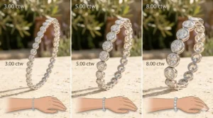 Size comparison chart showing different total carat weights for bezel set diamond tennis bracelets.