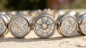 Close-up view of round-cut diamonds secured by polished bezel settings in a tennis bracelet.