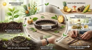 Lifecycle graphic of biodegradable components in a sustainable vegan leather bracelet.