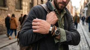 Close-up of a premium black triple-strand braided leather bracelet for men featuring a stainless steel magnetic clasp.
