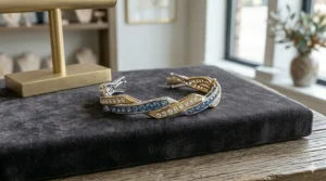 A modern mixed-metal bracelet featuring alternating blue and white brilliant-cut diamonds.