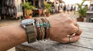A person wearing stacked bohemian leather bracelets with silver beads paired with casual denim clothing.