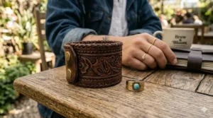 An unclasped wide leather cuff bracelet displaying detailed floral engravings next to a hammered gold ring with a turquoise stone.