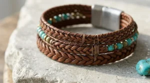 Close-up view of a hand-braided leather wrap bracelet showing the high-quality grain and stitch detail.