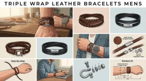 Handcrafted dark brown triple wrap leather bracelet for men featuring a braided texture.