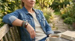 A casual weekend look featuring a denim jacket paired with a stacked leather wrap bracelet for women.