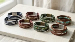 A collection of leather wrap bracelets for women in various colors including navy, burgundy, and forest green.