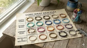 A flat-lay illustration showcasing various earth-toned and vibrant cord wrap bracelet colors.