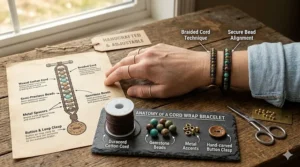 Anatomy of a cord wrap bracelet diagram, a detailed photorealistic illustration showcasing the components: durable nylon cord, semi-precious turquoise and jasper beads, brass spacers, and a carved wooden button clasp on a rustic workshop surface.