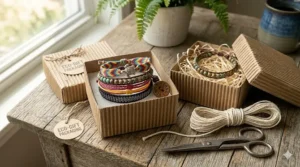 Illustration of an adjustable cord wrap bracelet inside eco-friendly gift packaging.