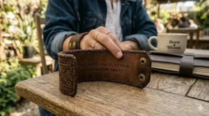 The interior of an unclasped wide leather cuff bracelet showing the custom engraved text reading Est 2026 Yen Tu Vietnam Adventure Awaits.