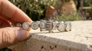 The hidden box clasp and safety latch of a bezel set diamond tennis bracelet.
