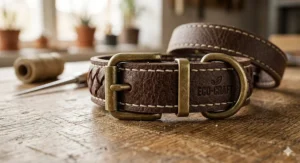 Close up view of the high quality stitching on a durable vegan leather bracelet.