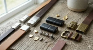 Detailed view of the matte black and stainless steel magnetic clasps used on custom flat leather bands.