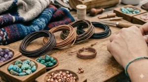 High-quality genuine leather cords and assorted glass beads used to create durable beaded leather wrap bracelets.