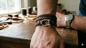 Close-up detail showing the genuine full-grain leather used in mens triple wrap bracelets.