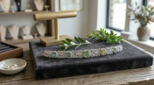 A rare radiant-cut green diamond bracelet meticulously set in a platinum frame.