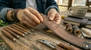 A macro view of an artisan hand-stitching the border of a tooled wide leather cuff bracelet using a needle and dark thread.