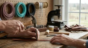 An artisan carefully stamping initials into raw leather material to create a custom flat bracelet.