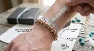 A visual guide showing how to measure a wrist for adjustable leather bracelets with silver beads.