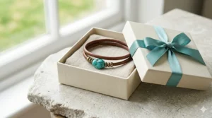 A minimalist leather wrap bracelet for women presented in a luxury gift box with a silk ribbon.