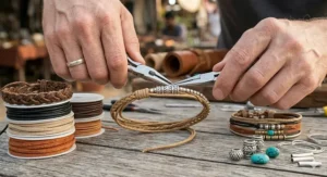 An artisan assembling a custom leather wrap bracelet by threading intricate silver beads onto cord.