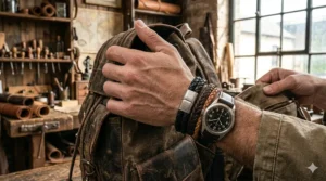 Illustration showing how to layer braided leather bracelets for men with metal cuffs and beaded jewelry.
