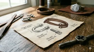 Detail view of the secure toggle closure on a mens triple wrap leather bracelet.