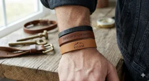 A man wearing stacked black and navy blue personalized flat leather bracelets featuring silver magnetic clasps.
