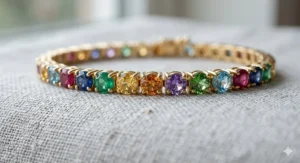 Close-up view of a rainbow tennis bracelet showing the intricate prong settings and vibrant multi-color gemstones.