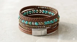 Five-strand genuine leather wrap bracelet for women featuring metallic accents and crystals.