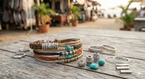 Layered multi-strand braided leather bracelet featuring minimalist polished silver beads for a modern look.