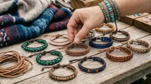 An assortment of multi-wrap beaded leather bracelets in earth tones, showcasing different bead patterns and leather cord colors.