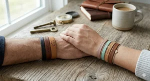 A product display chart showing different texture and color options for custom personalized flat leather bracelets.