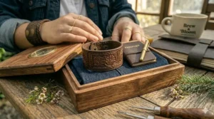 A completed hand-tooled wide leather cuff bracelet for women presented inside a premium wooden gift box with travel accessories.